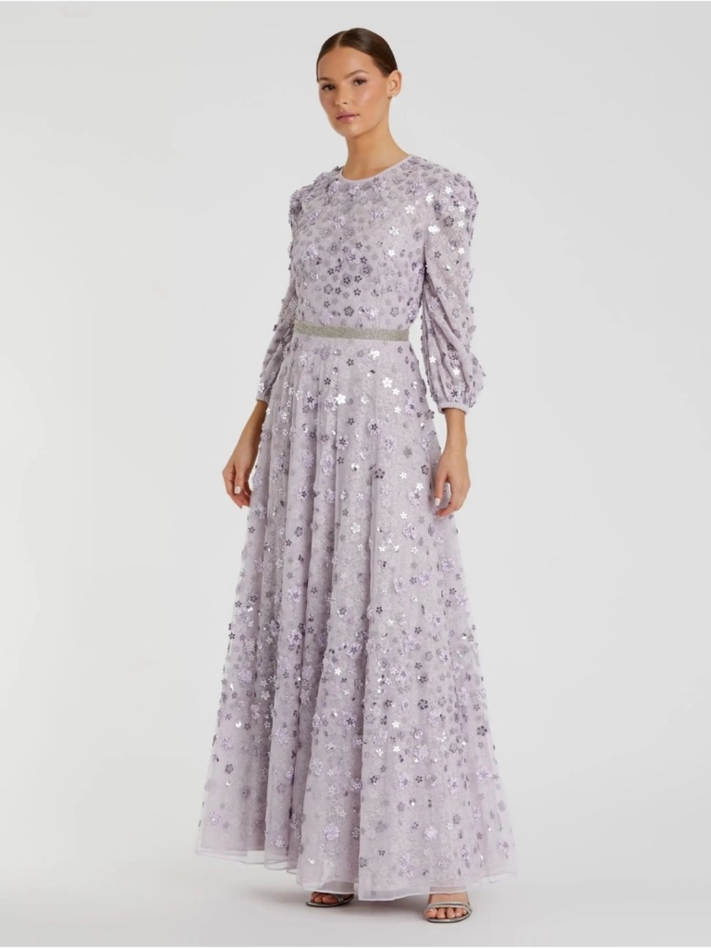 Mac Duggal 93805 Floral Applique Puff Sleeve High Neck A-Line Gown Size 12 NWT